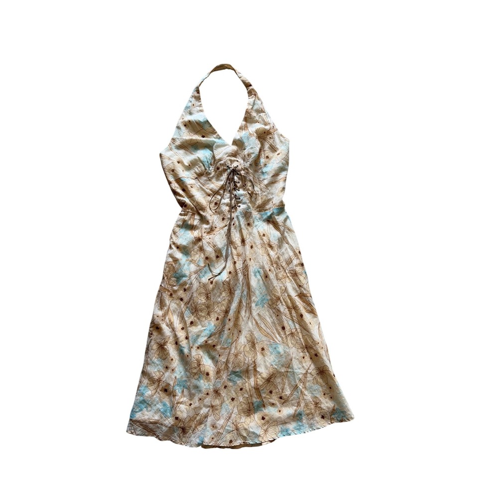 Halter Dress Boho Y2K Laundry by Shelli Segal‎ Women 2 Beige Floral Lace Up
